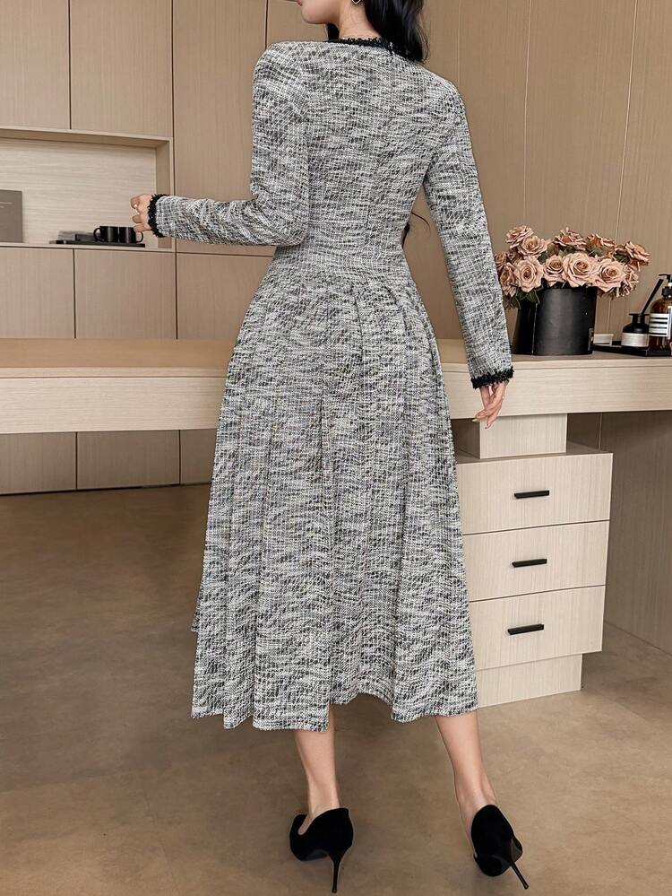 Women's Elegant Contrast Color Patchwork Fake Pocket Pleated Mid-Length Dress, Autumn/Winter