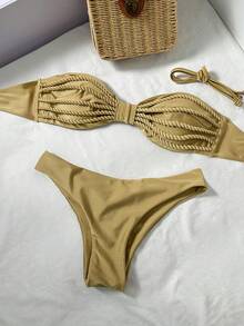 Swim Vcay 2pcs/Set Solid Color Rope Decor Bandeau Bikini Top And High Cut Bottoms Sexy Swimsuit Set, Spring/Summer - Khaki - View 3