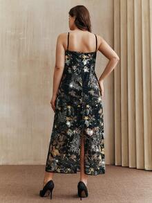 Anewsta Elegant Floral Beaded Midi Dress With Colorful Patterns, Plus Size For Party - Black - View 3