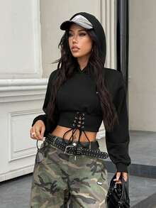 SHEIN EZwear 秋冬女士休闲字母印花交叉抽绳连帽卫衣 - 黑色 - 查看 3