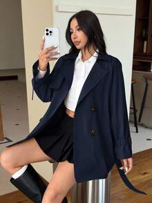 SHEIN EZwear 女士纯色翻领双排扣长袖休闲长款风衣，秋季新品 - 藏蓝色 - 查看 5