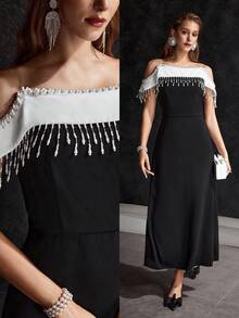 MOTF Soiréza WOMEN'S FAUX PEARL CURTAIN OFF THE SHOULDER CONTRAST COLOR PARTY DRESS - Black and White - View 2