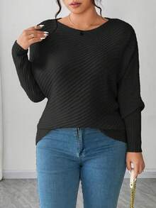 Elenzga Suéter holgado y suelto con hombros descubiertos de manga larga y talla grande para mujer, adecuado para usar como prenda exterior en invierno - Negro - Ver 3