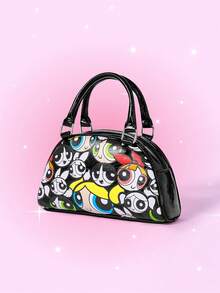 THE POWERPUFF GIRLS X SHEIN Fashion Yellow Cartoon Pattern Handbag Boston Bag, Casual Campus Street Style - Black - View 2