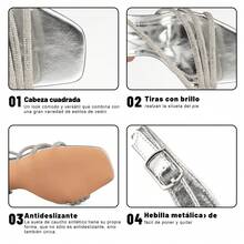 Weide Sandalias de tacón para mujer con tiras tipo diamante, diseño minimalista y punta elegante, tacón bajo estable y suela antideslizante, sandalia elegante mujer para eventos y uso formal - Plateado - Ver 7