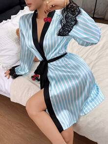 Dream Adore 1 Áo choàng satin họa tiết sọc dành cho nữ, đồ ngủ dài tay viền ren màu tương phản thanh lịch, phù hợp với mọi mùa - Xanh và trắng - Xem 5