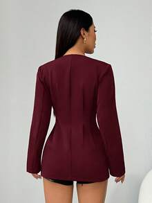 SHEIN PETITE 女款純色深V領長袖單鈕扣時尚西裝外套黑色洋裝 秋冬酒紅色 小碼女款 - 酒紅色 - 查看 3