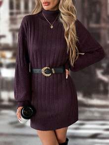 Chiquease Solid Color Turtleneck Ribbed Knit Long Sleeve Sweater Dress - Red Violet - View 7