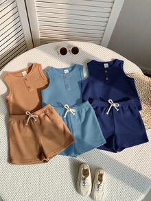 Loomiva 6pcs/Set Baby Boy Cute Casual Knit Top & Shorts Set, Basic Multi-Pack, Summer - Multicolor - View 3