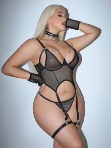 SHEIN Conjunto de 6 piezas de lencería sexy de talla grande con rejilla clásica, parte delantera calada y sujetador con aros - Negro - Ver 3