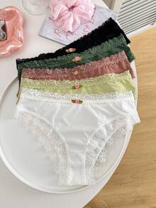 5条/包 女士纯色蕾丝拼接舒适比基尼内裤 - 彩色 - 查看 1