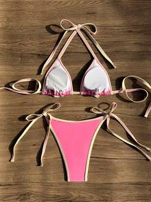 Swim Mod 2026春夏粉色杏色撞色吊带花卉装饰泳衣，甜美侧系带丁字裤比基尼（女士款） - 粉色 - 查看 2