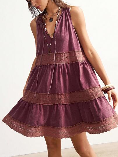 Bohemela BOHO Vacation Casual Solid Color Knit Patchwork Lace Trim Long Sleeve Loose Women Mini Dress