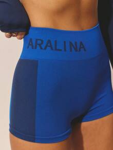 Aralina Short de sport pour femmes à taille haute sans couture, avec rayures latérales bicolores côtelées - Bleu azur - Voir 1