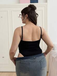 CovetEZ 大尺碼女士緊身高彈力吊帶連體褲 - 黑色 - 查看 2