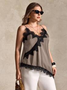 Plus Size Women Urban Casual Lace Asymmetric Hem V-Neck Patchwork Solid Color Cropped Camisole - Khaki - View 5
