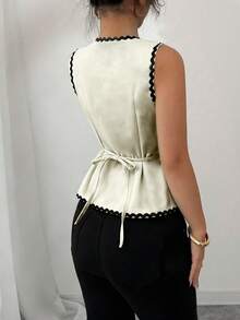 SHEIN Elenzya Áo hai dây cổ tròn thắt eo thanh lịch dành cho nữ, phù hợp cho mùa xuân, hè, thu - Màu be - Xem 2