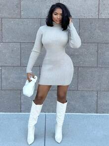 Alexandranx 高领长袖修身罗纹针织迷你毛衣裙，优雅性感街头风，适合秋季、夜晚外出、冬季、圣诞派对、感恩节等场合。 - 淺灰色 - 查看 1
