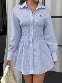 MainGRL Vestido bordado tejido a rayas azules para mujer - Azul y blanco - Ver 1