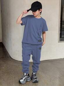 SHEIN Mirajuku 男童休闲印花短袖T恤和长裤两件套 - 藏蓝色 - 查看 1