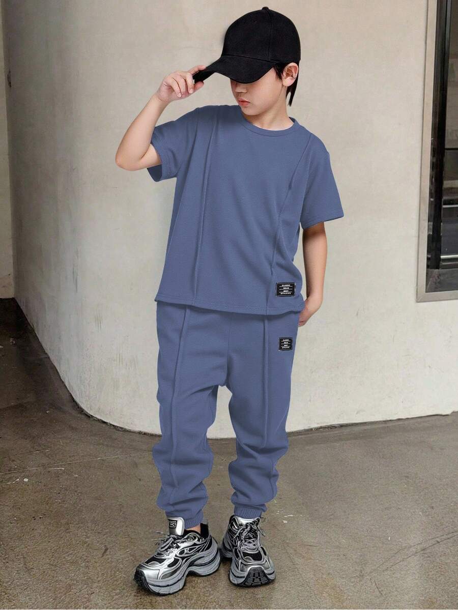 SHEIN Mirajuku 男童休闲印花短袖T恤和长裤两件套 - 藏蓝色 - 查看 1