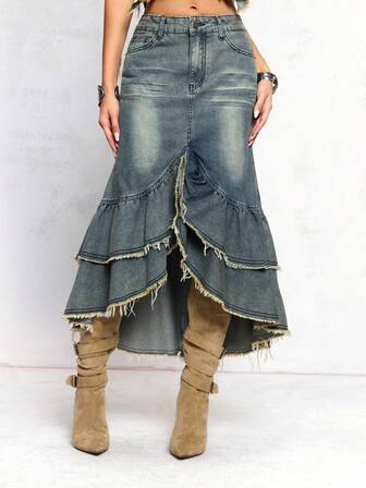 J-Fashion Gonna vintage Y2K in denim slavato con volant a balze sul fondo