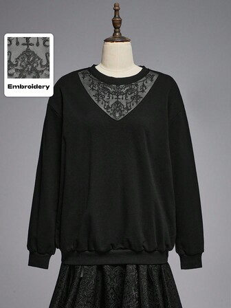 sweat-shirt gothique à encolure en V, patchwork en maille avec broderie de vignes, grande taille pour femmes