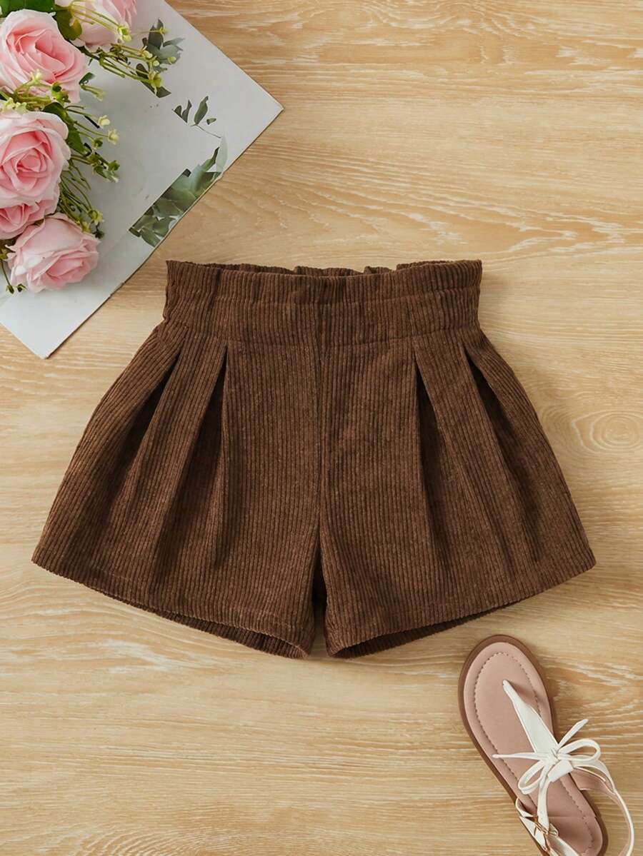 SHEIN 少女休闲舒适中腰荷叶边短裤 - 棕色 - 查看 1