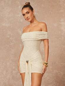 Lumalex Early Spring Soft & Comfortable Floral Off-Shoulder Cinched Waist Ruffle Hem Metal Buckle Decor Tie-Up Mini Dress PreSpringDresses For Women Luxury NewYearNewLook QuietLuxe Prom Gathering Party Banquet Modest Old Money Glitter Holiday Party Rave Festival Outing Vacation Hot Outdoor Richly Layered Wedding VDayGiftGuide RomanticVDayOutfit Season Banquet ID Party New Year Looks Of Party Party Dress PreSpringDresses For Autumn - Apricot - View 8