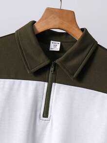 SHEIN Bộ 2 áo thun polo và quần short họa tiết khối màu tương phản thường ngày cho bé trai, thích hợp mặc đi làm, đi học, mặc thường ngày, thể thao, xuân/hè - xanh quân đội - Xem 6