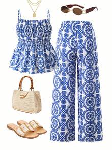 2件套少女休闲吊带背心和阔腿裤套装，梭织面料，松紧腰带，夏季 - 彩色 - 查看 2