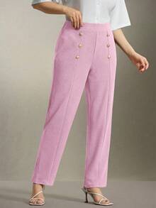 Flouryn 大码双金属装饰纽扣直筒裤，通勤和外出穿着优雅得体 - 粉色 - 查看 3