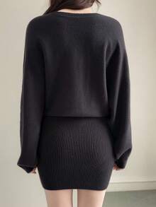 DAZY 女士休闲宽松修身毛衣连衣裙 - 深灰色 - 查看 3