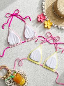 Swim Mod 春夏新款甜美纯色吊带背心文胸，性感三角罩杯比基尼，小胸百搭吊带内衣，露背吊带文胸，三件套泳衣，优雅女士比基尼泳装上衣，适合海滩、泳池、生日派对等场合 - 彩色 - 查看 3