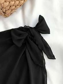 SHEIN 少女蓝白度假碎花侧边蝴蝶结装饰休闲连体泳衣带罩裙 - 黑色 - 查看 5
