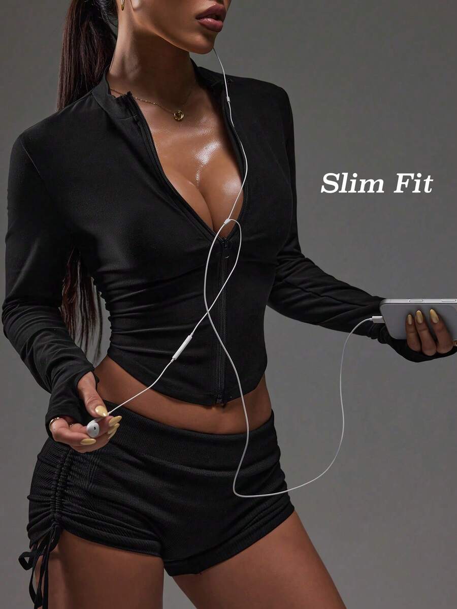 Gameset SHEIN Sport Women's Black Autumn Modest Gym Workout Long-Sleeve Yoga Jacket,Slim Fit Zipper Sportswear For Outdoor Running,Sun Protection Fitness Training Wear - Black - View 1