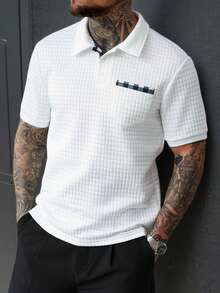 Manfinity Homme Men's Summer Casual Daily Commute Plaid Print Pocket Textured Fabric Short Sleeve Polo Shirt Men Shirts Polo White Polo Shirt Mens Golf Shirt - White - View 1