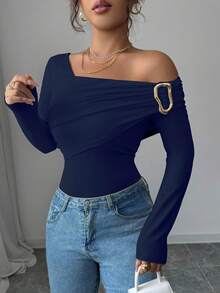 SHEIN Elenzya 女款優雅海軍藍金色金屬鈕扣露肩套頭衫，秋季新款百搭通勤風夜店休閒T恤 - 藏蓝色 - 查看 6