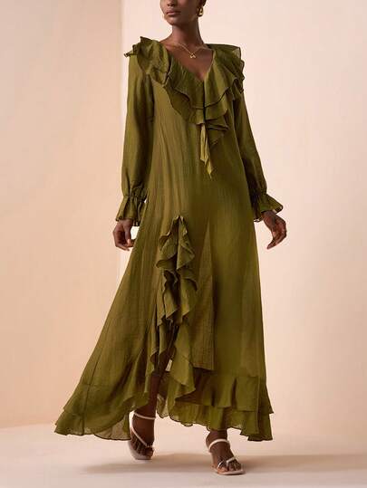 Zivah Vestido maxi sexy, vestido de fiesta, vestido de otoño/invierno, vestido de mujer con cuello en V con doble volante de manga larga, puños elásticos, volante con abertura alta, corte evasé suelto, tela texturizada con rayas verticales transparentes de color verde oliva