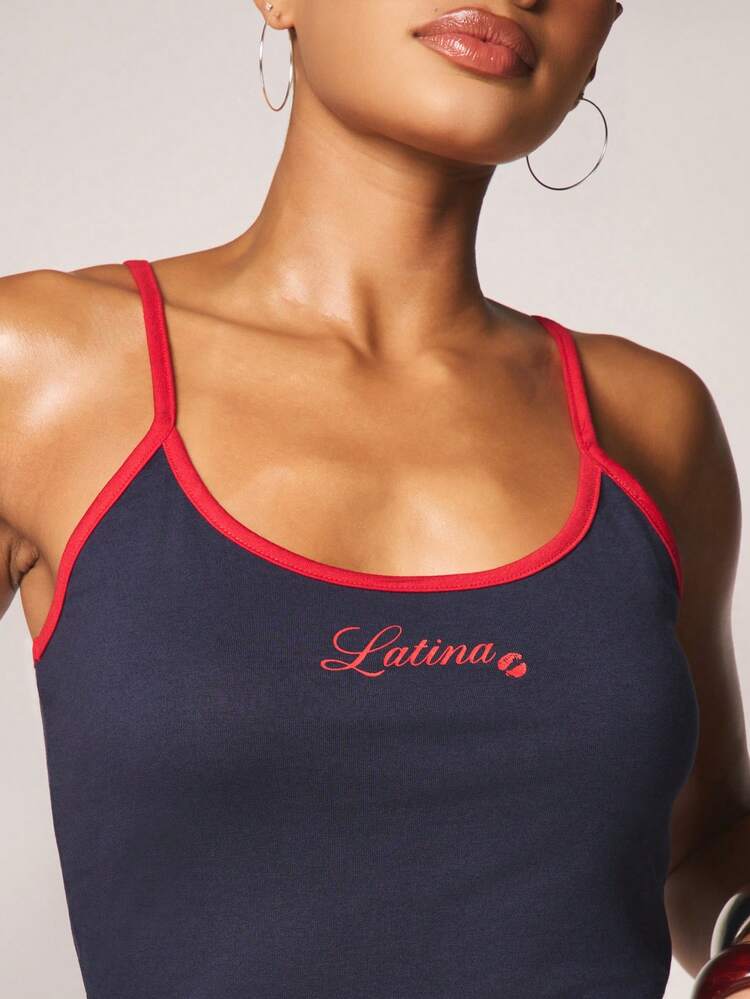 MISSGUIDED Slogan Print Top With Contrast Red Trim Navy Blue Latina Text Sleeveless Camisole Summer Casual