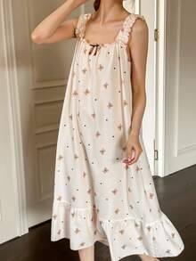 Dream Adore Sweet Bear Print Frill Trim Women's Camisole Nightgown - Apricot - View 4