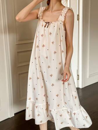 Dream Adore 甜美小熊印花荷叶边女士吊带睡裙