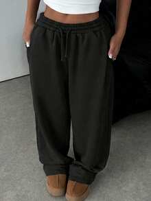 SHEIN 少女纯黑色针织宽松休闲抽绳口袋阔腿运动裤 - 黑色 - 查看 7