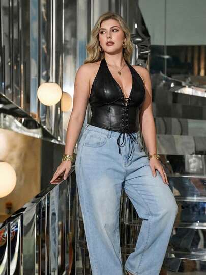 Hourglow Plus Size Fashionable Sexy Criss-Cross Halter Crop Top, For Hourglass Body Shape/2026 /New Year