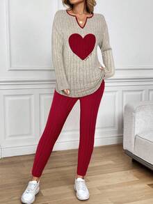 SHEIN LUNE Bộ đồ nữ 2 món gồm áo dài tay và quần thêu hình trái tim, thích hợp mặc mùa xuân, quà tặng ngày Valentine, bộ đồ màu đỏ, đồ mặc thường ngày cho nữ. - Đỏ - Xem 4