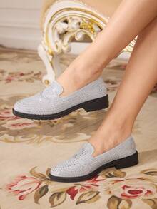 CUCCOO TILAWA Women's Fashion Commuter Rhinestone Silver Loafer Flats For Christmas - Silver - View 3