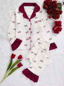 SHEIN 2件套女童蝴蝶印花长袖开衫和裤子休闲舒适家居服套装 - 彩色 - 查看 3