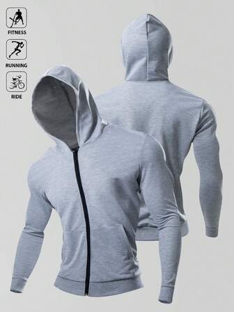 Manfinity Sport Polished Boyfriend Style Men's Solid Color Simple Casual Hooded Long Sleeve Jacket Coat, Zip Up Casual Plain Long Sleeve Jacket Jogger Sport Jacket Workout Tops Fall Breathable