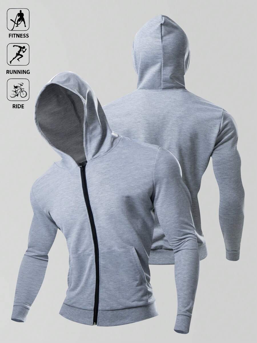 Gym Rark 男友风男士纯色简约休闲连帽长袖夹克外套,拉链休闲纯色长袖夹克慢跑运动夹克健身上衣秋季透气 - 灰色 - 查看 1