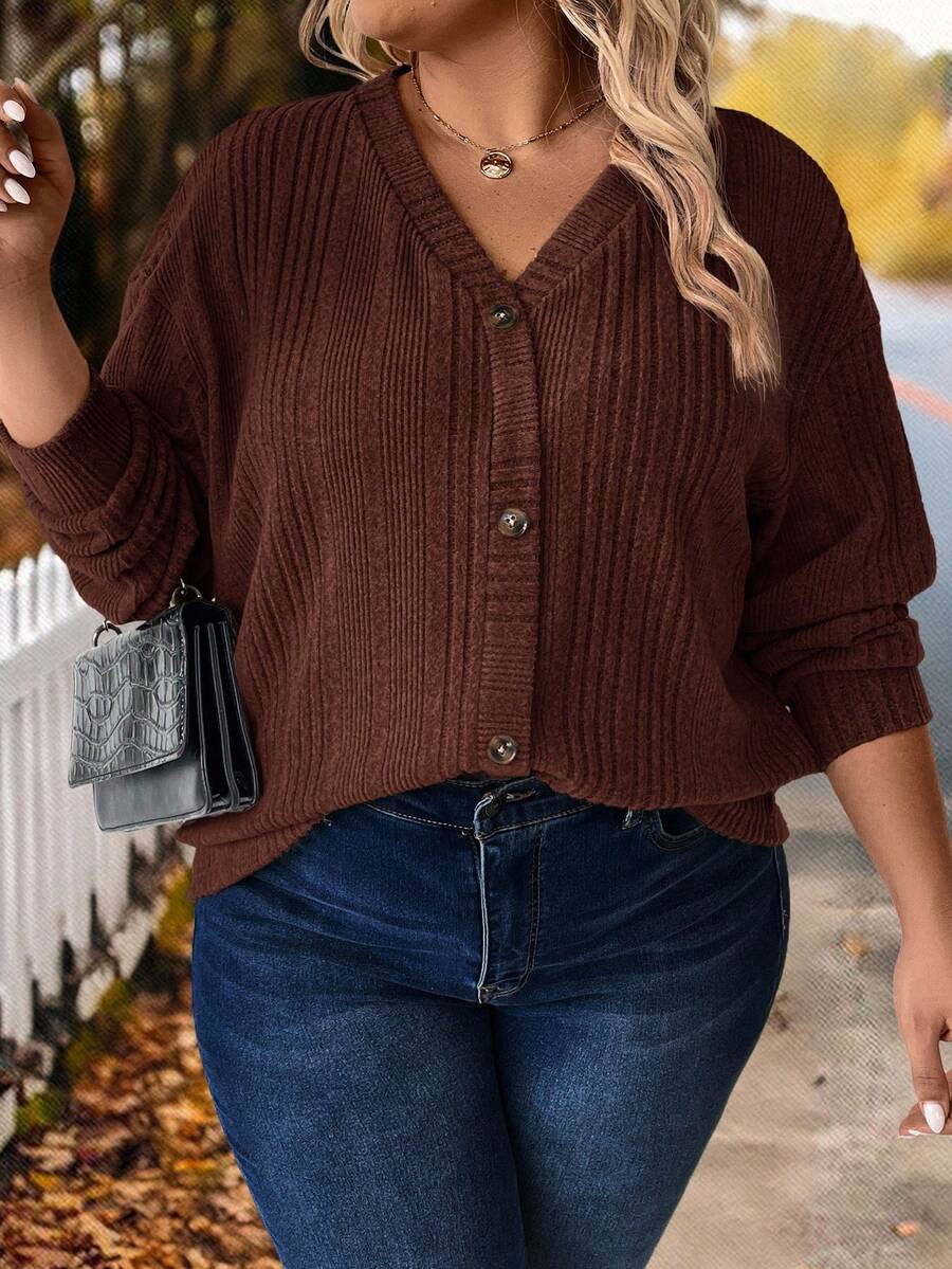 SHEIN LUNE Áo thun gân cài nút màu trơn thường ngày cỡ lớn, mùa thu - Cà phê nâu - Xem 1